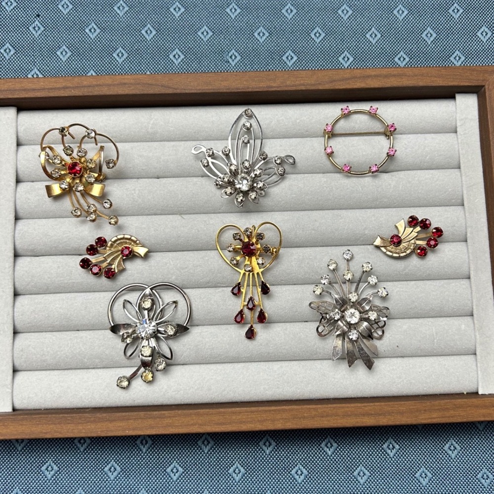 Rhinestone Brooch Lot 8pc Floral Heart Circle Pins Red Clear Pink Vn